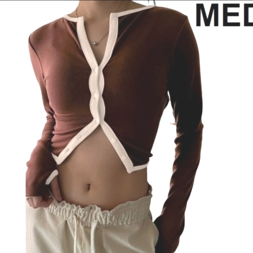Jocacy Cropped Brown Long Sleeve Button-up Knit Top Size Med